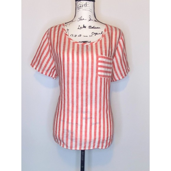 Christian Siriano LG Red White Stripe Linen Hi-Lo Short Sleeve Top Boho Beachy - Picture 1 of 5